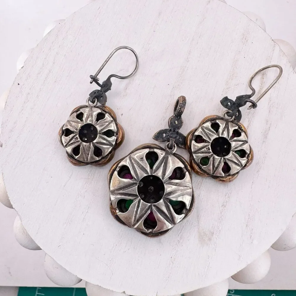 Ruby And Emerald Sterling Silver And Brass Turkish Flower Earrings And Pendant